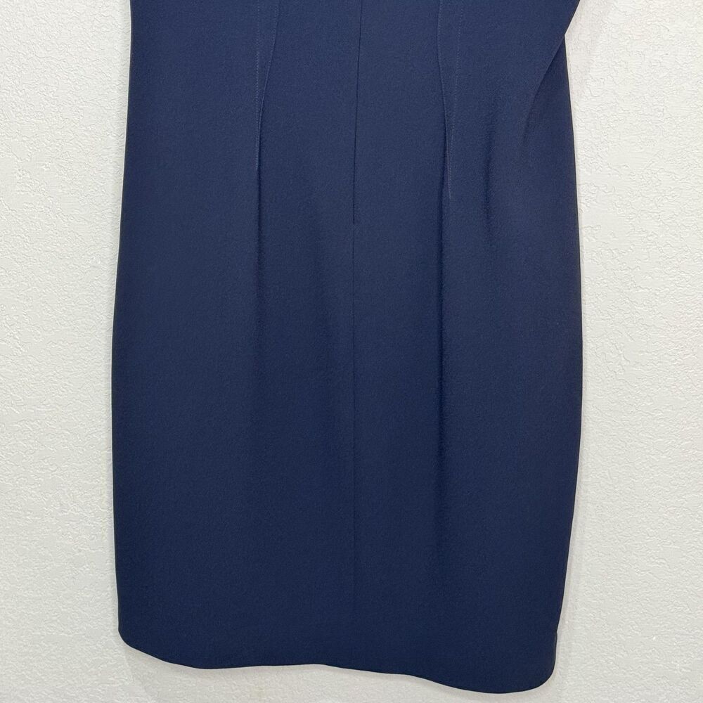 Elie Tahari Dress Size 6 Navy Blue Leather Asymmetrical Neck Sheath Knee Length - Picture 11 of 11